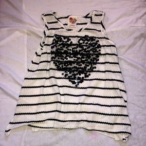 white, black stripes shirt with black sequin heart